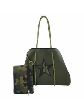 NWT BC Handbags Greyson Tote in Olive Green Camo Star Garrison Neoprene Tote Bag
